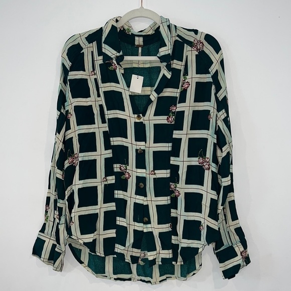 Free People Window To My Heart White/Green Button Down Shirt Size Small - Picture 3 of 16